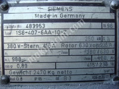 Elektrik Motoru - 250 Kw 950 Devir - Reostalı - Simens - Alman Malı