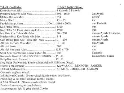 1.600 Ton Hidrolik Pres, Sıvama Presi, Sıcak İş Presi, Kaucuk Presi, Kompozit Presi, Melamin Presi