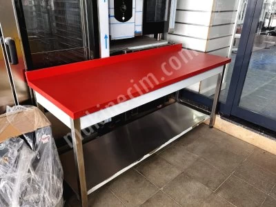 Kırmızı Polyemitli Çalışma Tezgahı Taban Raflı