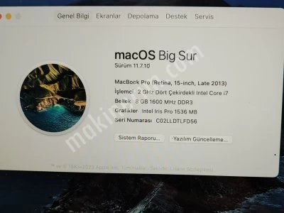 Apple 15 2015 2,0 Ghz 8 Gb Rem 256 Gb Ssd 1,5Gb Ekran Kartı