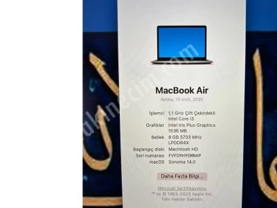 Macbook Air 2020 Retina13’ Intel Core I3 (12.Nesil)