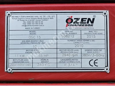 2.El Vidalı Hava Kompresörü Özen Osc 15 2015 Model