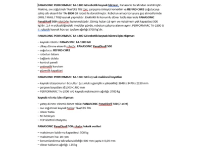 Satılık Panasonic Robotik Mıg/Mag Kaynak Hücresi – Çalışır Durumda – Yerinde Test İmkânı – İzmir Aosb