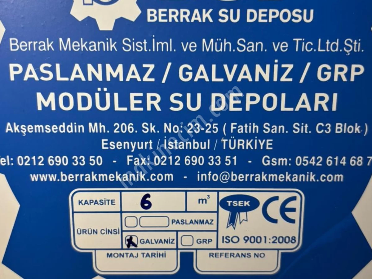 6 Ton (6 M³) Berrak Marka Modüler Su Deposu Paslanmaz + Galvaniz
