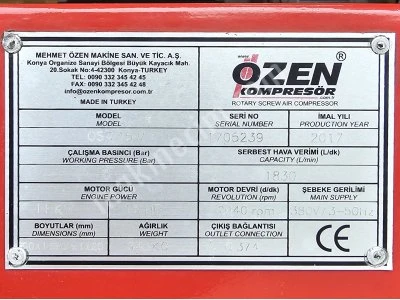 2.El Frekans İnvertörlü Vidalı Hava Kompresörü Özen Osc 15 V
