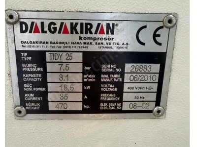 Dalgakıran Marka Dıty 25 18.5 Kw 7.5 Bar 1000 Lt Tank Kurtucu Vidalı Kompresor 2010 Model