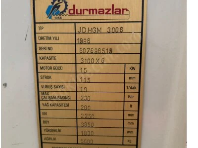 Durmazlar Marka 3100 X 6Mm Hidrolik Giyotin Makas 1996 Model