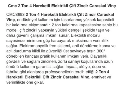 “2 Ton 4 Hareketli Elektrikli Caraskal Vinç – Zincirli