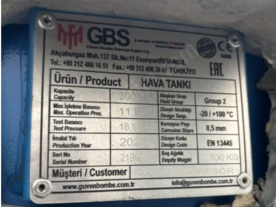 Sıfır 300 Lt Hava Tankı - 11 Bar - Ambalajında - Gbs Komresör Deposu